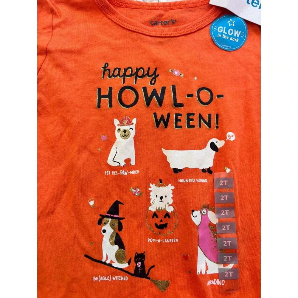 Carters Toddler Girls 2T Halloween Dog Glow in the Dark Long Sleeve Ruffle Shirt